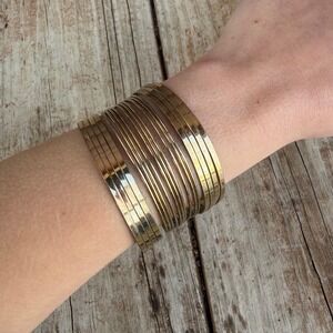 Vintage Gold Tone Multi-Strand Wide Cuff Bracelet Brass Boho Statement